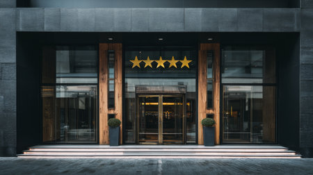 Modern hotel entrance showcasing five stars during the daytime in a bustling cityの素材