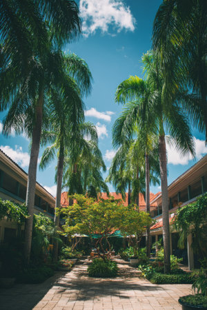 Tropical courtyard with palm trees and vibrant greenery under a sunny skyの素材