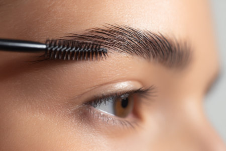 Eyebrow grooming session takes place indoors with focus on natural beauty and makeup techniquesの素材