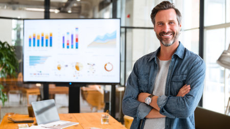 Business professional smiles while presenting data in modern office space during the dayの素材