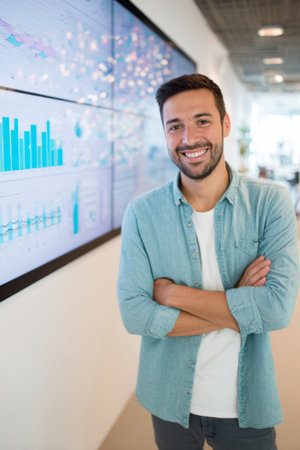 Smiling professional standing confidently in front of data screens in a modern office spaceの素材