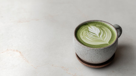 Delicious matcha latte with intricate latte art in a cozy cafÃ© setting on a light marble tableの素材