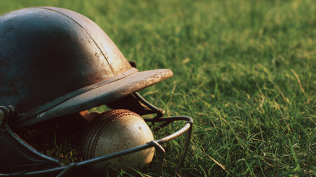 Cricket helmet and ball resting on green grass in late afternoon lightの素材