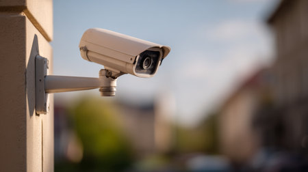 Surveillance camera mounted on a building in a residential area during daylightの素材