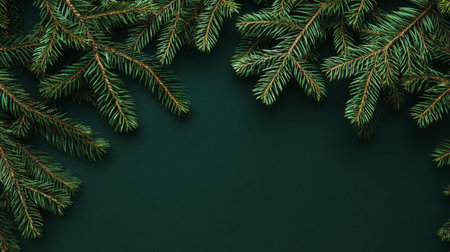 Fresh green pine branches arranged on a dark background for a natural holiday decorationの素材