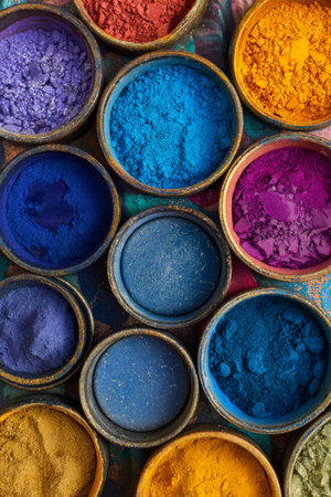 Bright colors of natural powders arranged in circular containers on a vibrant surface during a market settingの素材