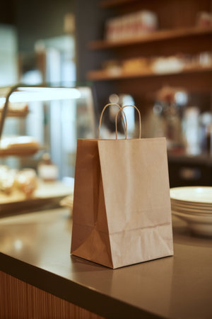 Brown paper bag on a counter in a cozy cafe filled with baked goods and warm lightingの素材