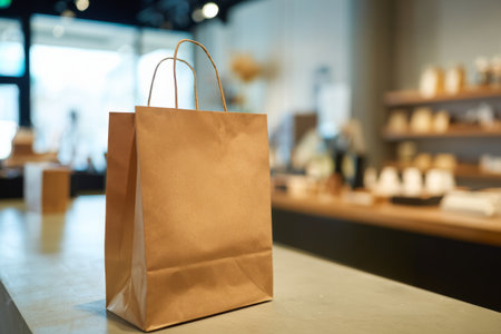 Brown paper bag resting on a counter inside a modern store with soft lighting and stylish decorの素材