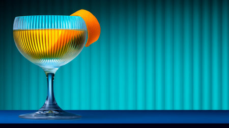 Vibrant orange cocktail in a stylish glass against a striped blue backgroundの素材