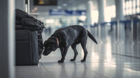 Black dog sniffs around luggage in busy airport terminal on bright dayの素材