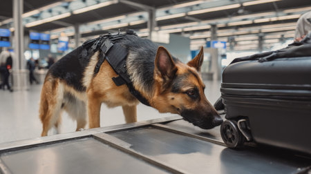 Dog detects scent near luggage at airport during daytime security checkの素材