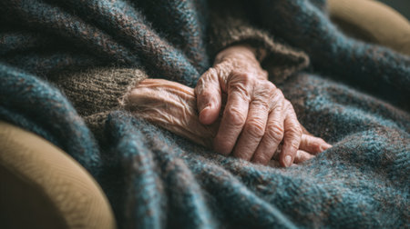 Elderly hands resting together in a cozy setting during a quiet afternoonの素材
