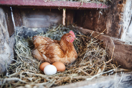 Hen resting in a cozy nest with freshly laid eggs in a rustic barn settingの素材