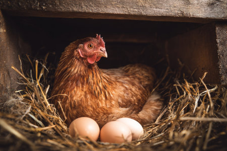 Hen sitting in a nest with freshly laid eggs in a rustic barn setting at sunriseの素材