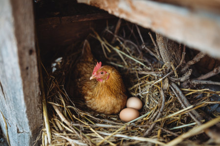 Hen sitting on two eggs in a rustic nest under a wooden structure in a barnの素材