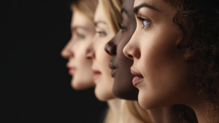 Diversity in beauty showcased through the profiles of four women from different backgrounds against a dark backdropの素材