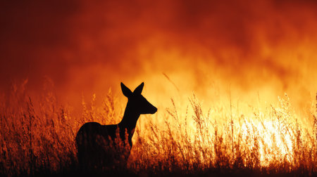 Silhouette of a deer against a backdrop of flames during a sunset in a grasslandの素材