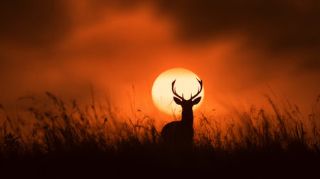 Silhouette of deer standing in tall grass against a vibrant sunset skyの素材