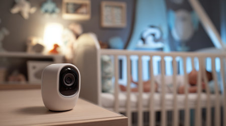 Baby monitor watches over sleeping infant in cozy nursery during nighttime hoursの素材