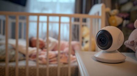 Newborn resting in crib with baby monitor in focus during early morning lightの素材