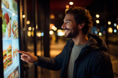 Young man interacts with digital menu at fast food restaurant during evening, illuminated by city lightsの素材