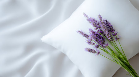 Lavender flowers resting on a soft pillow on a white sheet during a calm morningの素材
