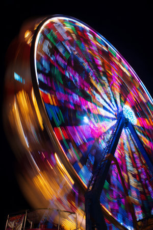 Colorful ferris wheel spins in vibrant lights during night fair, creating a festive atmosphere full of excitement and joyの素材