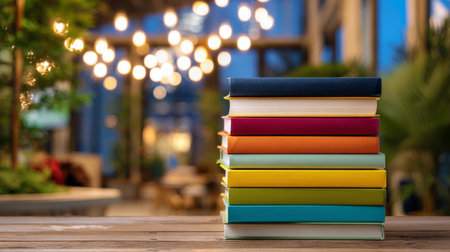 Colorful stack of books on a wooden table in a warmly lit cafe during the eveningの素材
