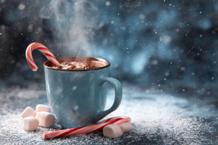 Hot chocolate in a blue mug with candy canes and marshmallows in a snowy winter settingの素材