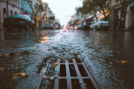 Rainy street scene with flowing water and autumn leaves in a city during evening hoursの素材