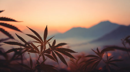 Sunset view with cannabis leaves in the foreground and mountains in the background capturing a serene moment in natureの素材