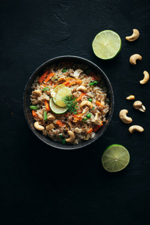 Delicious vegetable fried rice with cashews and lime served in a black bowlの素材