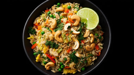 Fresh vegetable fried rice with cashews and lime served in a black bowl against a dark backgroundの素材