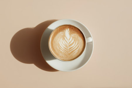 Beautiful latte art on creamy coffee served in a white cup on a soft beige backgroundの素材