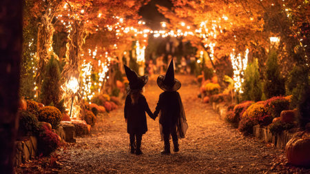 Children dressed as witches walk hand in hand down a festive path lined with pumpkins and lights in autumnの素材