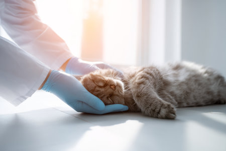 Veterinary care for a relaxed cat receiving gentle treatment and attention in a sunny clinic settingの素材