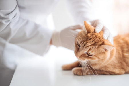 Veterinarian examines orange cat during check-up in a well-lit clinic roomの素材