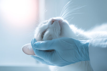 Cat being gently handled by a veterinarian wearing gloves in a bright clinic settingの素材