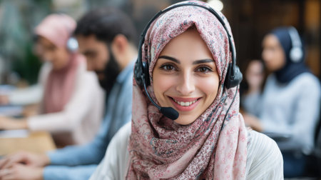Woman with headset smiling in busy office during daytime, surrounded by colleagues engaged in workの素材