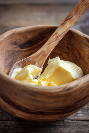 Wooden bowl with creamy butter and spoon on rustic wooden tableの素材