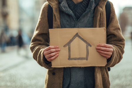 Person holding a cardboard sign with a simple drawing of a house while standing outdoors in an urban area during the dayの素材