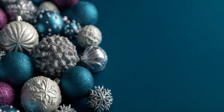 Colorful Christmas ornaments in silver, blue, and purple scattered on a dark surface for holiday decorationの素材
