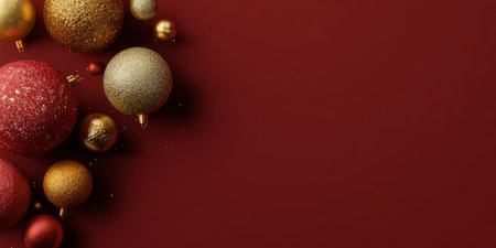 Colorful Christmas ornaments scattered on a red background create a festive holiday atmosphere for decoratingの素材