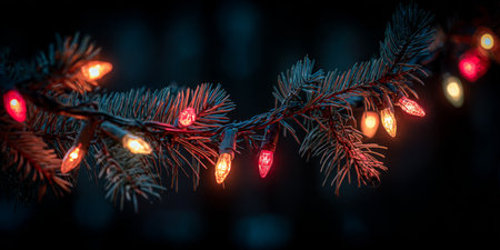 Colorful holiday lights illuminate a pine branch during a winter eveningの素材