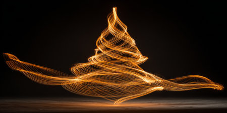 Artistic light trails create a mesmerizing figure in a dark space showcasing movement and creativityの素材