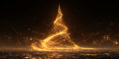 Sparkling golden tree shape rises gracefully from a shimmering surface at night with a magical glowの素材