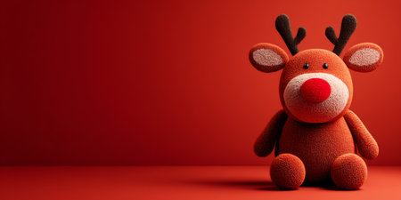 Cute plush reindeer sits on a red surface, showcasing holiday spirit during festive season in a cozy settingの素材