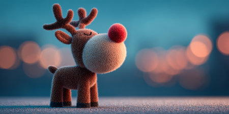Cute reindeer toy stands proudly against a blurred background of festive lights at twilightの素材
