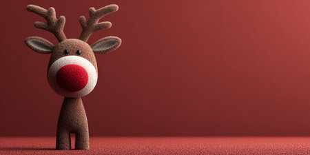Cute and cheerful reindeer figure stands against a warm red background with a fuzzy texture in a festive sceneの素材