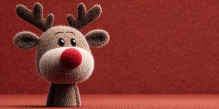 Cute reindeer character with a fluffy texture and bright red nose on a soft red background during the holiday seasonの素材